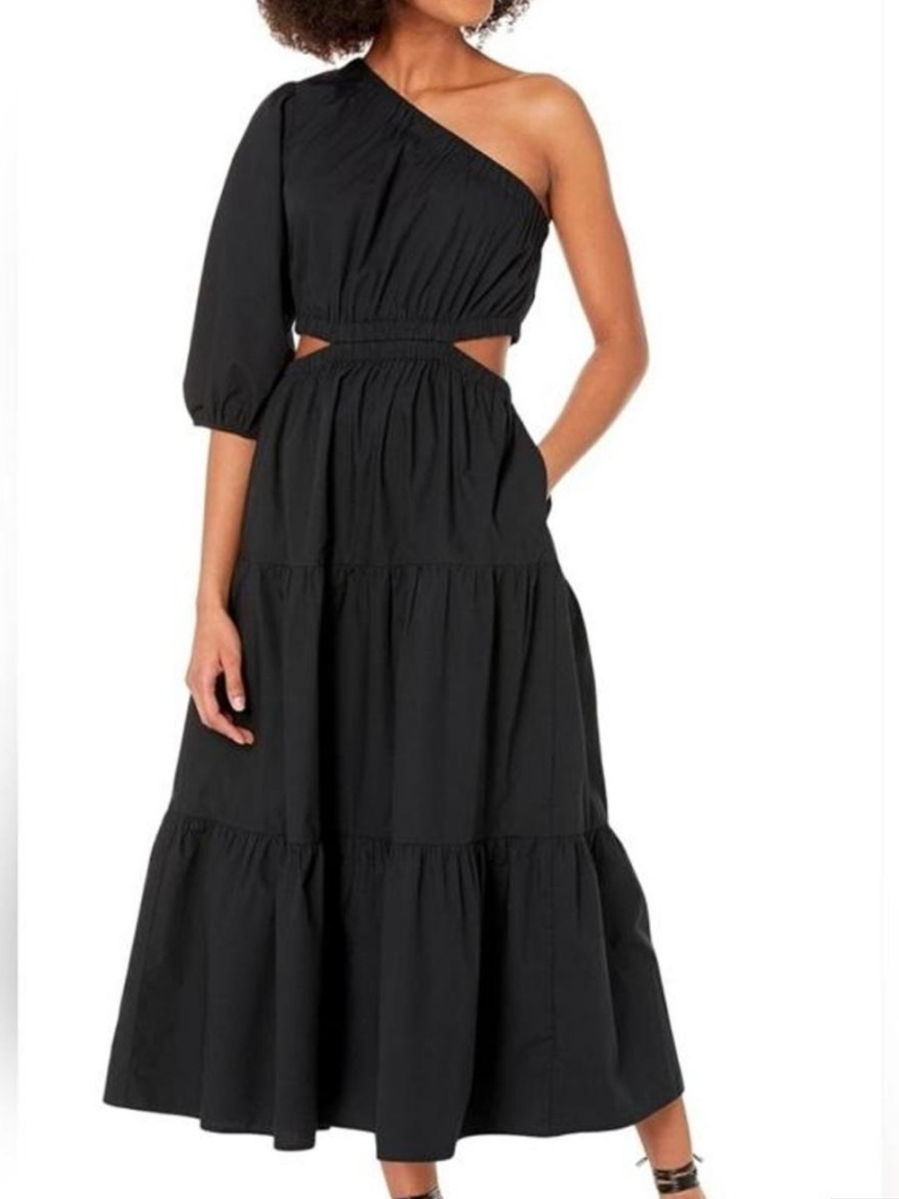 Asymmetric One-Shoulder Black Tiered Maxi Dress